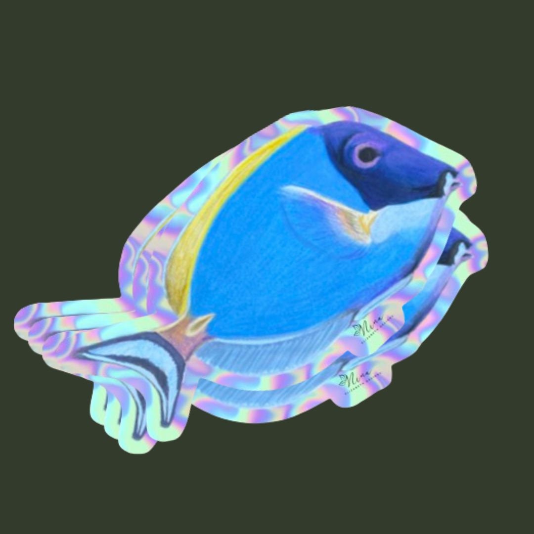 Holo Fish Sticker - Powder Blue Tang Holo Sticker, Saltwater Fish Sticker, Laptop Sticker, Holo Sticker, Water Bottle Sticker, Reef Tank Art