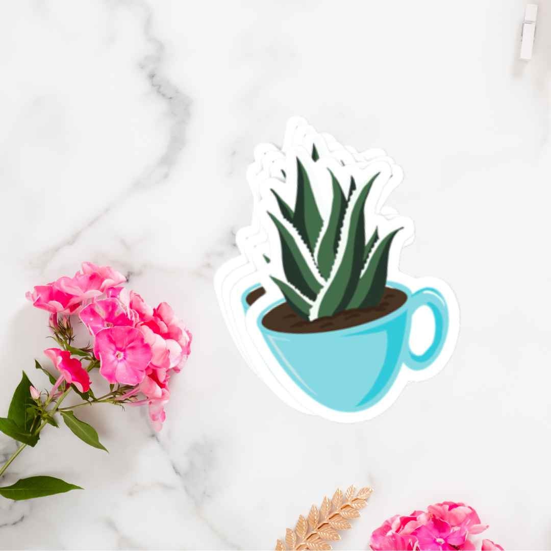 Plant Sticker - Tea Cup Plant, Aloe Plant Sticker, Laptop Sticker, collectible sticker, Water Bottle Stickers, Plant Decal, Plant Lover Gift