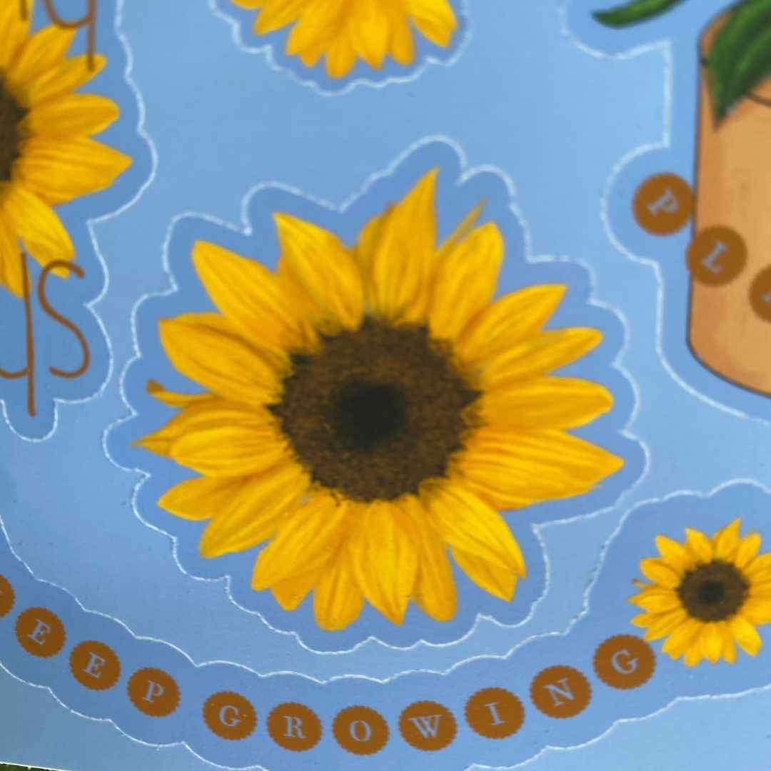 Sunflower Sticker Sheet - 4x6 Water-Proof Sticker sheet, Sunflower Stickers, Collectible stickers, Plant lover Stickers, Prize Box Stickers