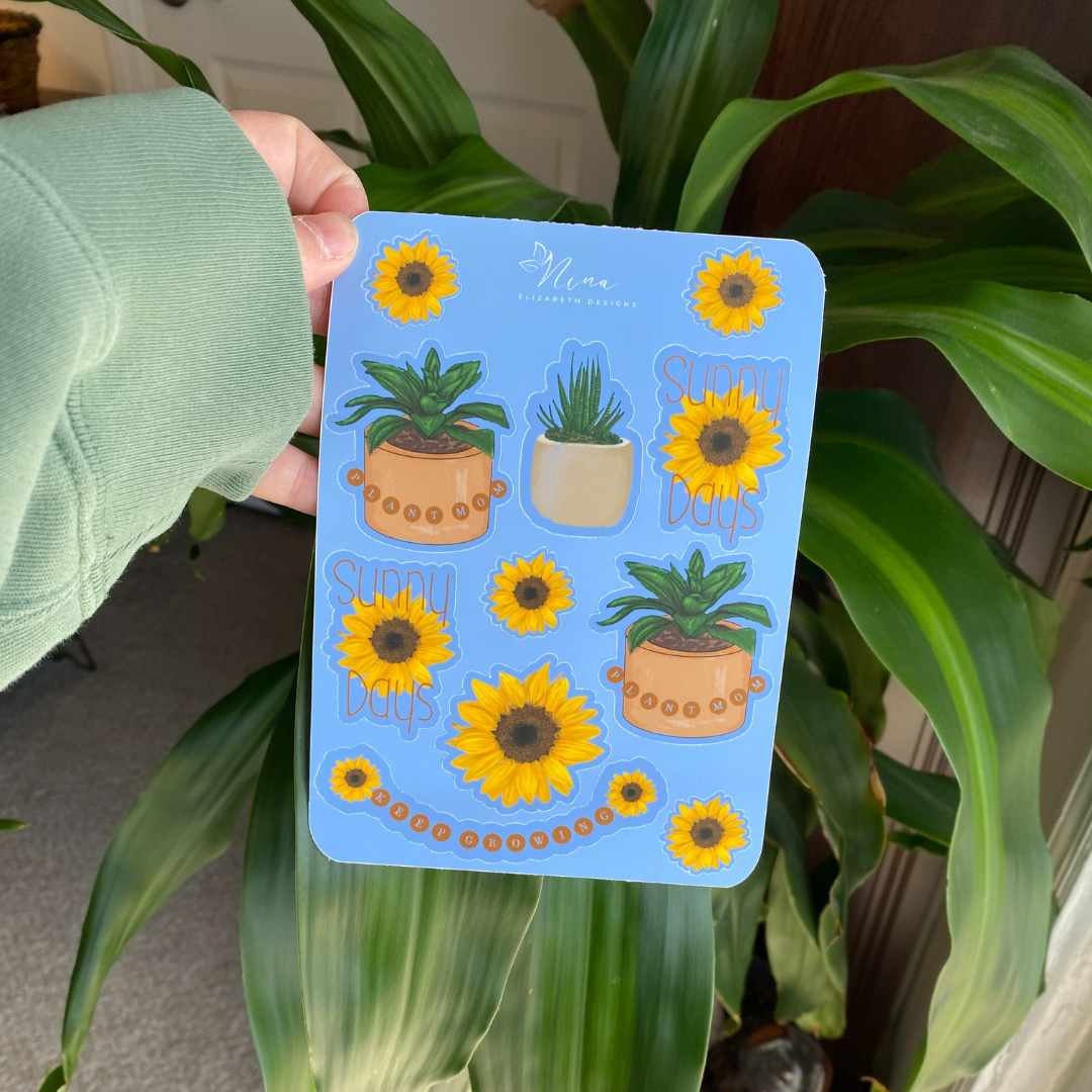 Sunflower Sticker Sheet - 4x6 Water-Proof Sticker sheet, Sunflower Stickers, Collectible stickers, Plant lover Stickers, Prize Box Stickers