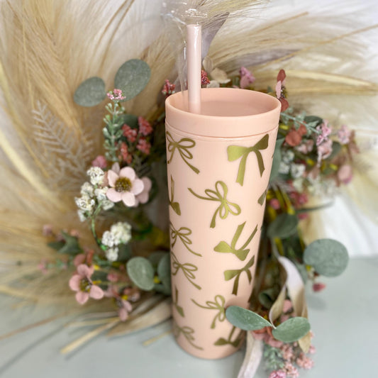 Pink and Gold bows Skinny Tumbler, Pink ribbon Water Bottle, 18oz Cup, Gift for Her, Travel Cuo, Bridesmaid Gift, Eco-Friendly Reusable