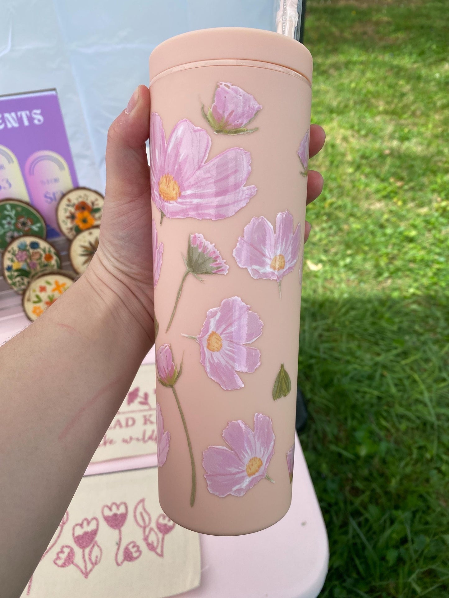 Pink Flower Skinny Tumbler, Floral Summer Water Bottle, pretty pink cup, Gift for Her, Travel Mug, Bridesmaid Gift, Eco-Friendly Reusable
