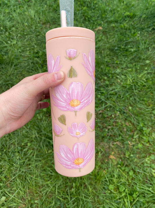 Pink Flower Skinny Tumbler, Floral Summer Water Bottle, pretty pink cup, Gift for Her, Travel Mug, Bridesmaid Gift, Eco-Friendly Reusable