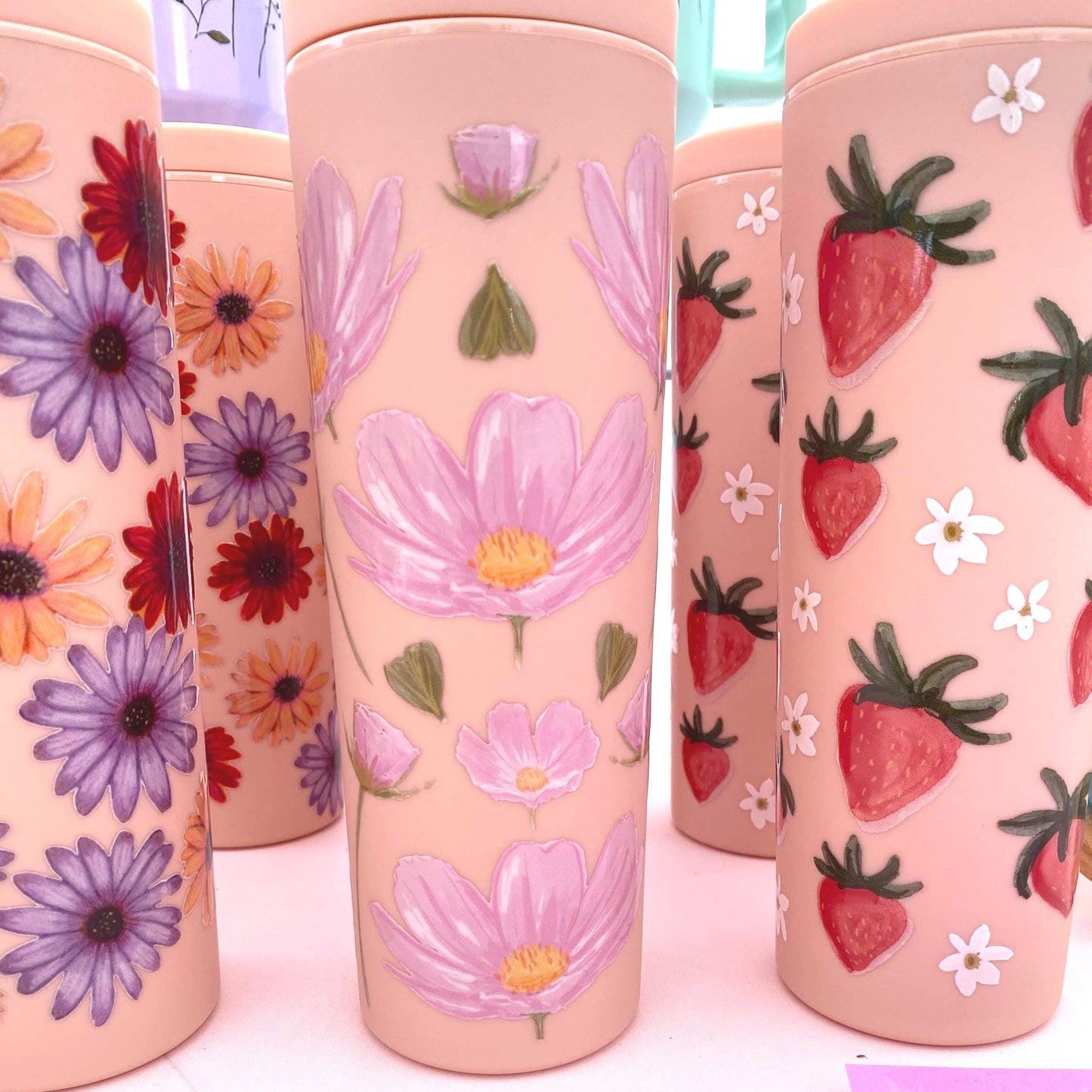 Pink Flower Skinny Tumbler, Floral Summer Water Bottle, pretty pink cup, Gift for Her, Travel Mug, Bridesmaid Gift, Eco-Friendly Reusable
