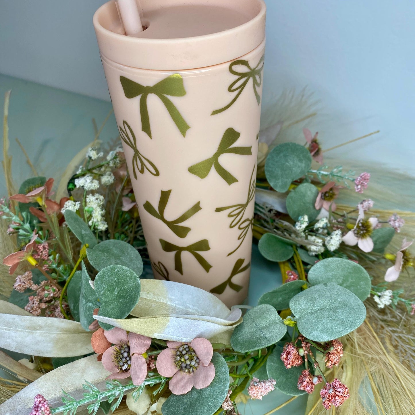 Pink and Gold bows Skinny Tumbler, Pink ribbon Water Bottle, 18oz Cup, Gift for Her, Travel Cuo, Bridesmaid Gift, Eco-Friendly Reusable
