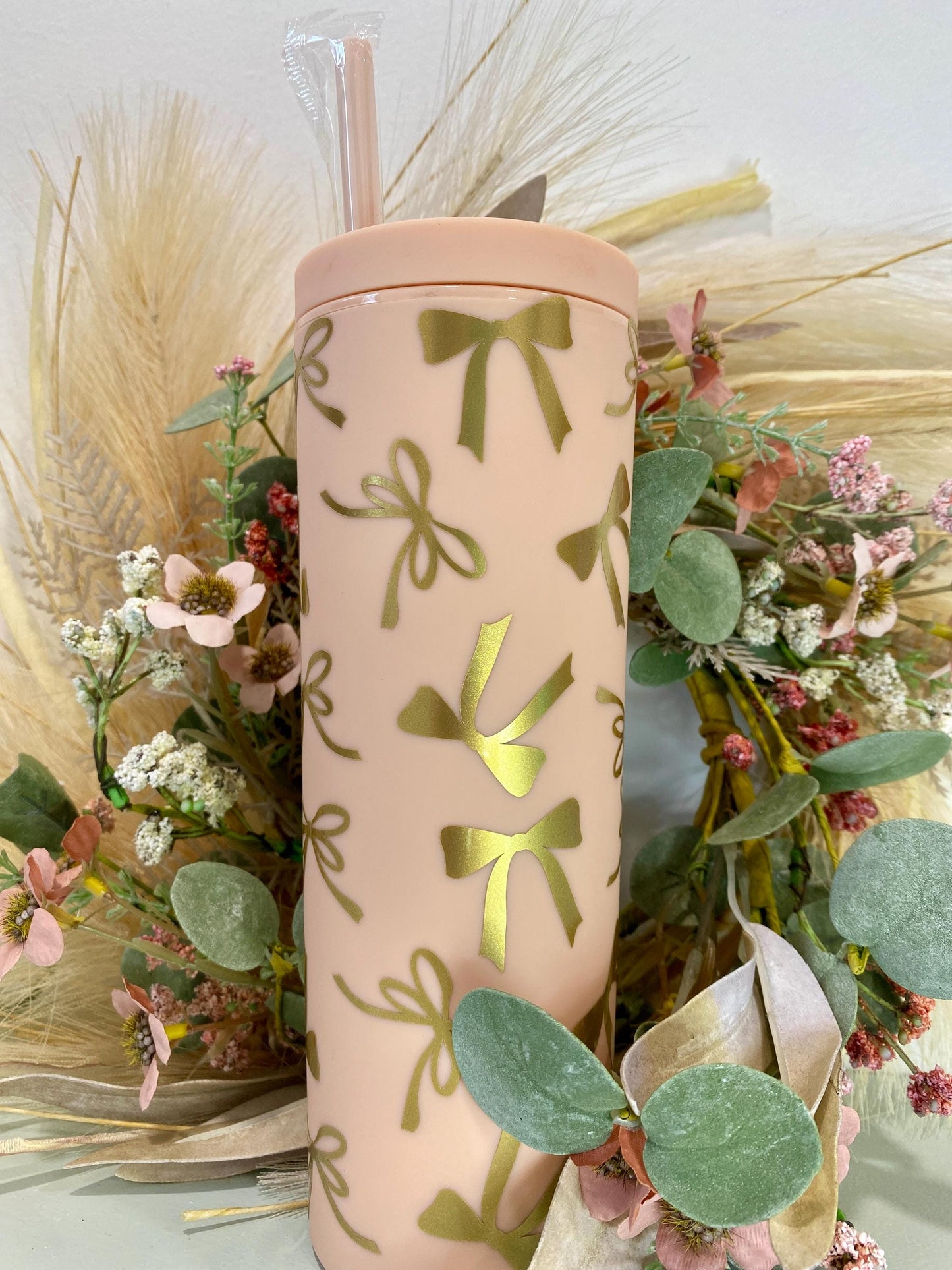 Pink and Gold bows Skinny Tumbler, Pink ribbon Water Bottle, 18oz Cup, Gift for Her, Travel Cuo, Bridesmaid Gift, Eco-Friendly Reusable