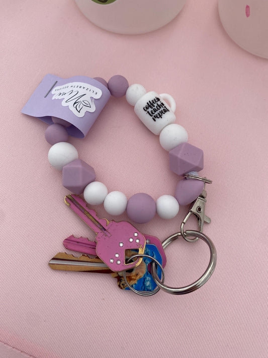 Coffee teach repeat Keychain Bracelet, gift for teacher, silicone bead bracelet, wallet bracelet, wallet keychain