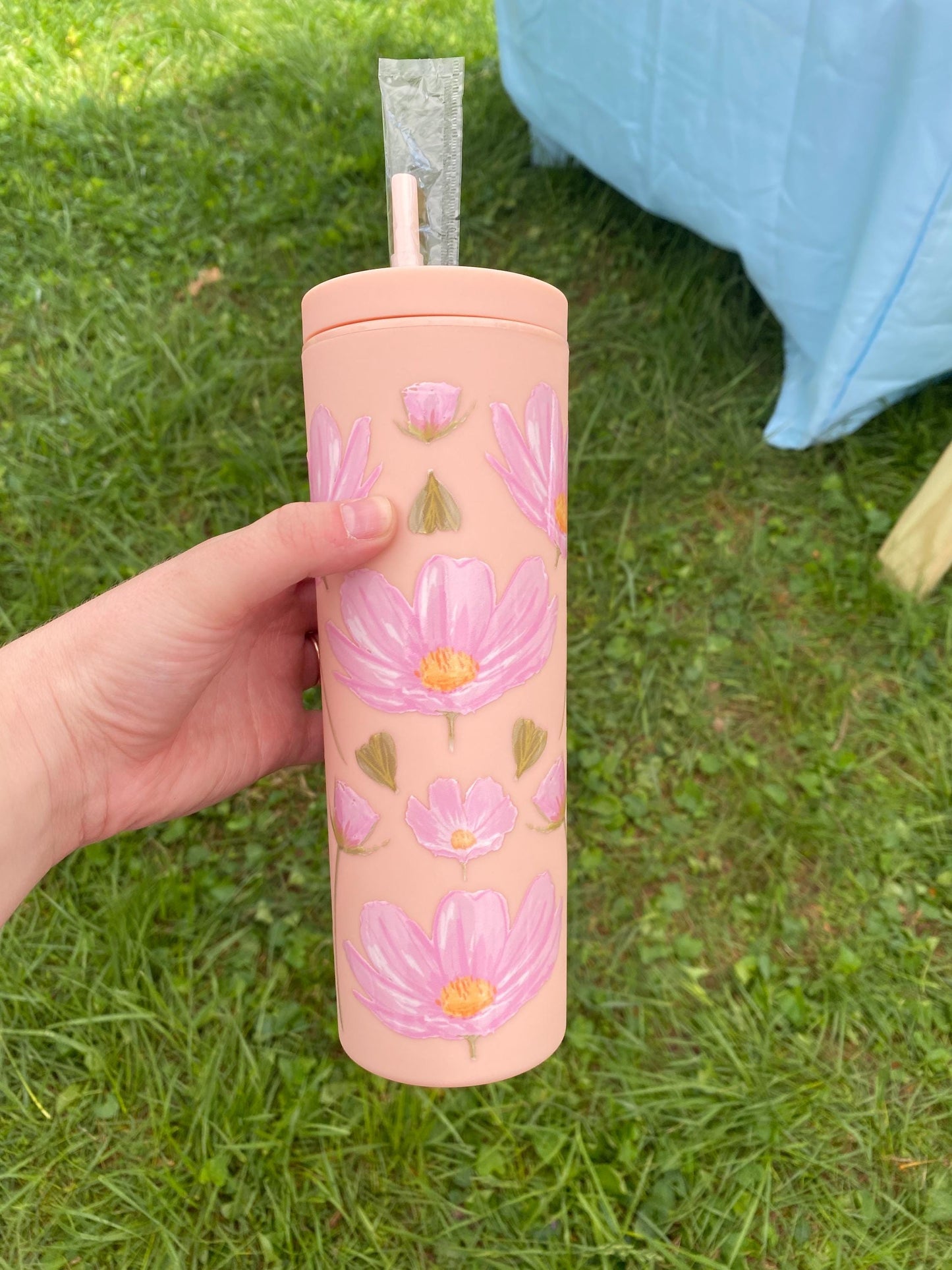 Pink Flower Skinny Tumbler, Floral Summer Water Bottle, pretty pink cup, Gift for Her, Travel Mug, Bridesmaid Gift, Eco-Friendly Reusable