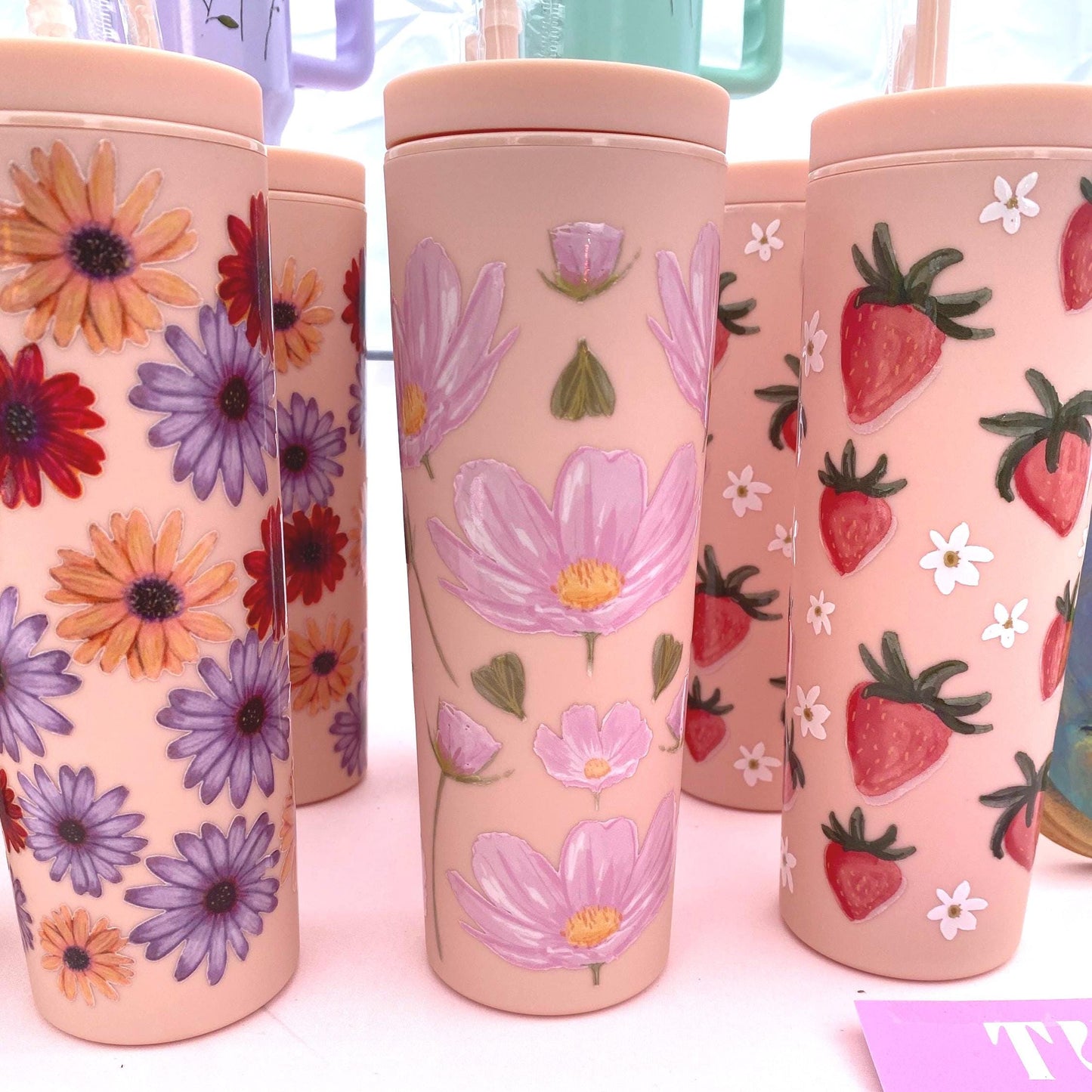 Pink Flower Skinny Tumbler, Floral Summer Water Bottle, pretty pink cup, Gift for Her, Travel Mug, Bridesmaid Gift, Eco-Friendly Reusable